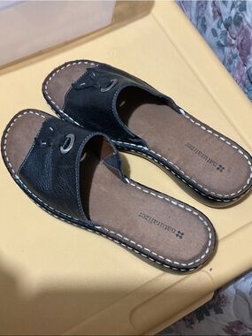 Naturalizer Black Leather Slide Mules with white Accents